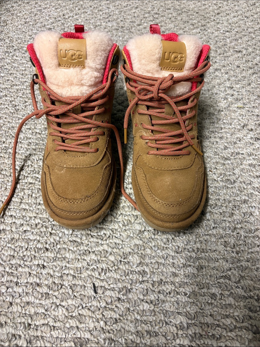 UGG Womens Tan Suede Lace-Up Boots with Pink Shearling Trim